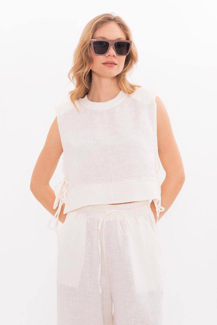 BSL Women Crop Linen Blouse with Side Tie - Ciudad Hidalgo