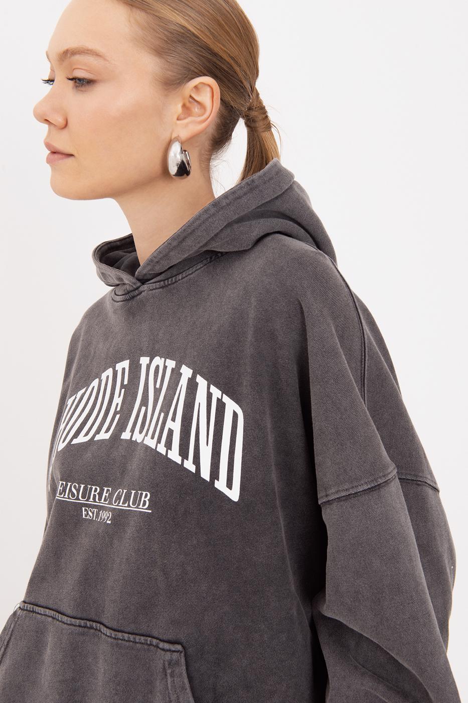 BSL Women Washable Printed Hooded Oversize Sweatshirt - Celle