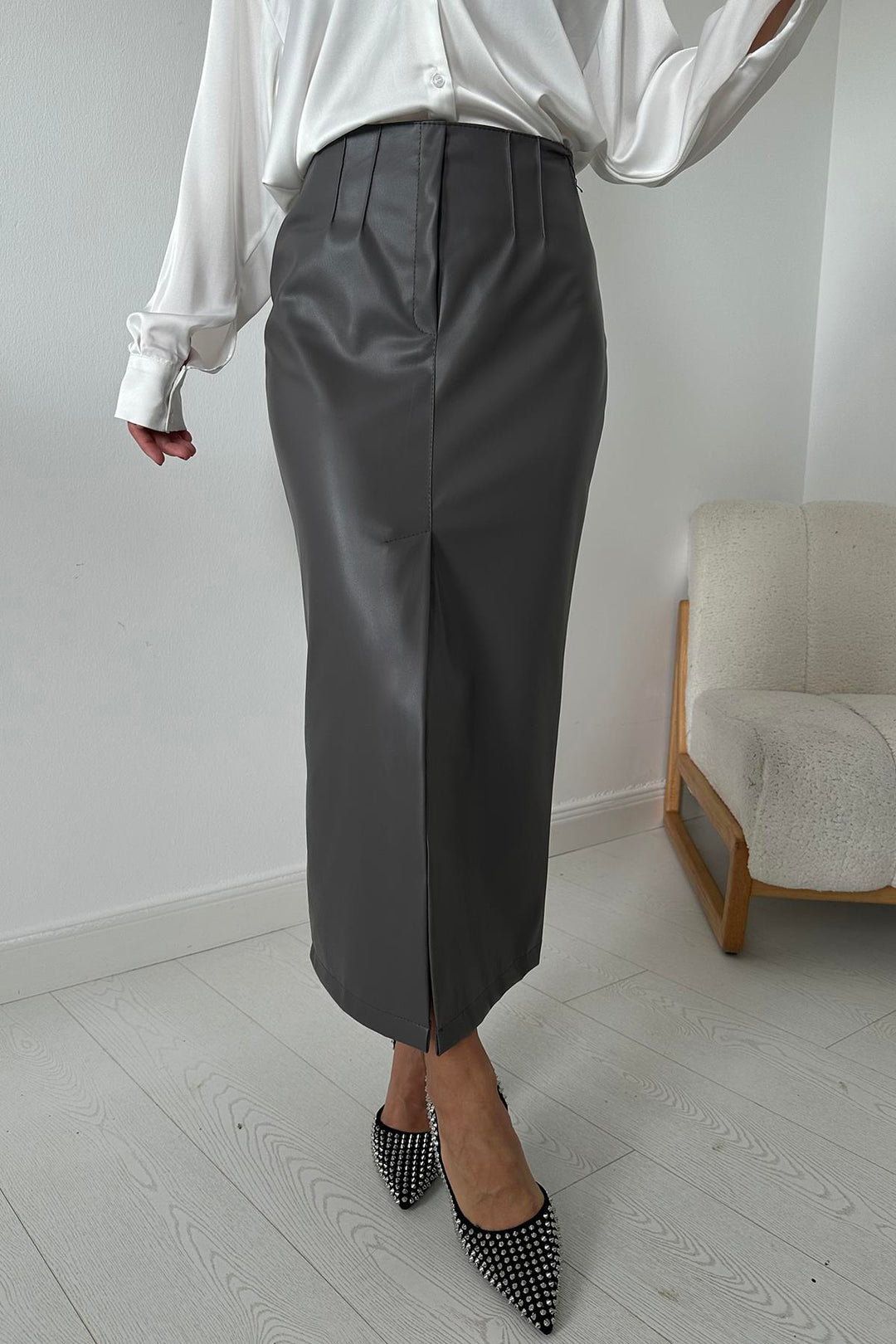 ELS Slit Decorated Flared Skirt - Gray - Huebampo