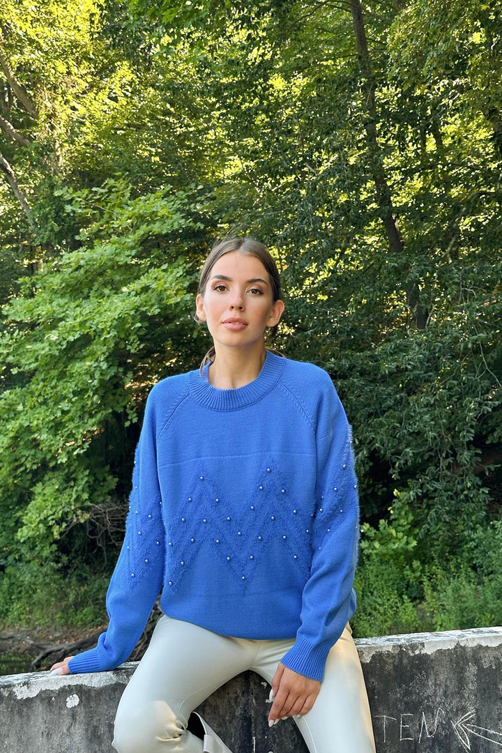 ELS Zigzag Beaded Sweater - Blue - Winsford
