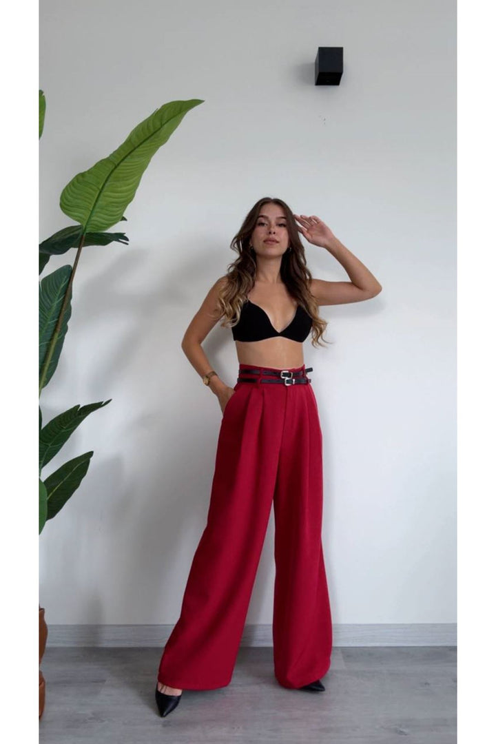 MXM Women Stylish and Comfortable High-Waisted Red Palazzo Pants - Dinslaken