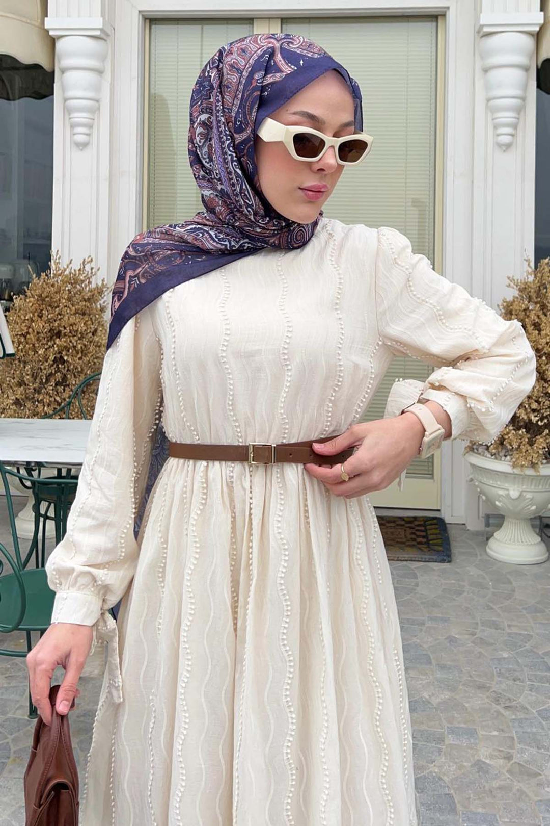 BNG Women Güpür Detaylı Tesettür Elbise Krem 1008 - La Vergne