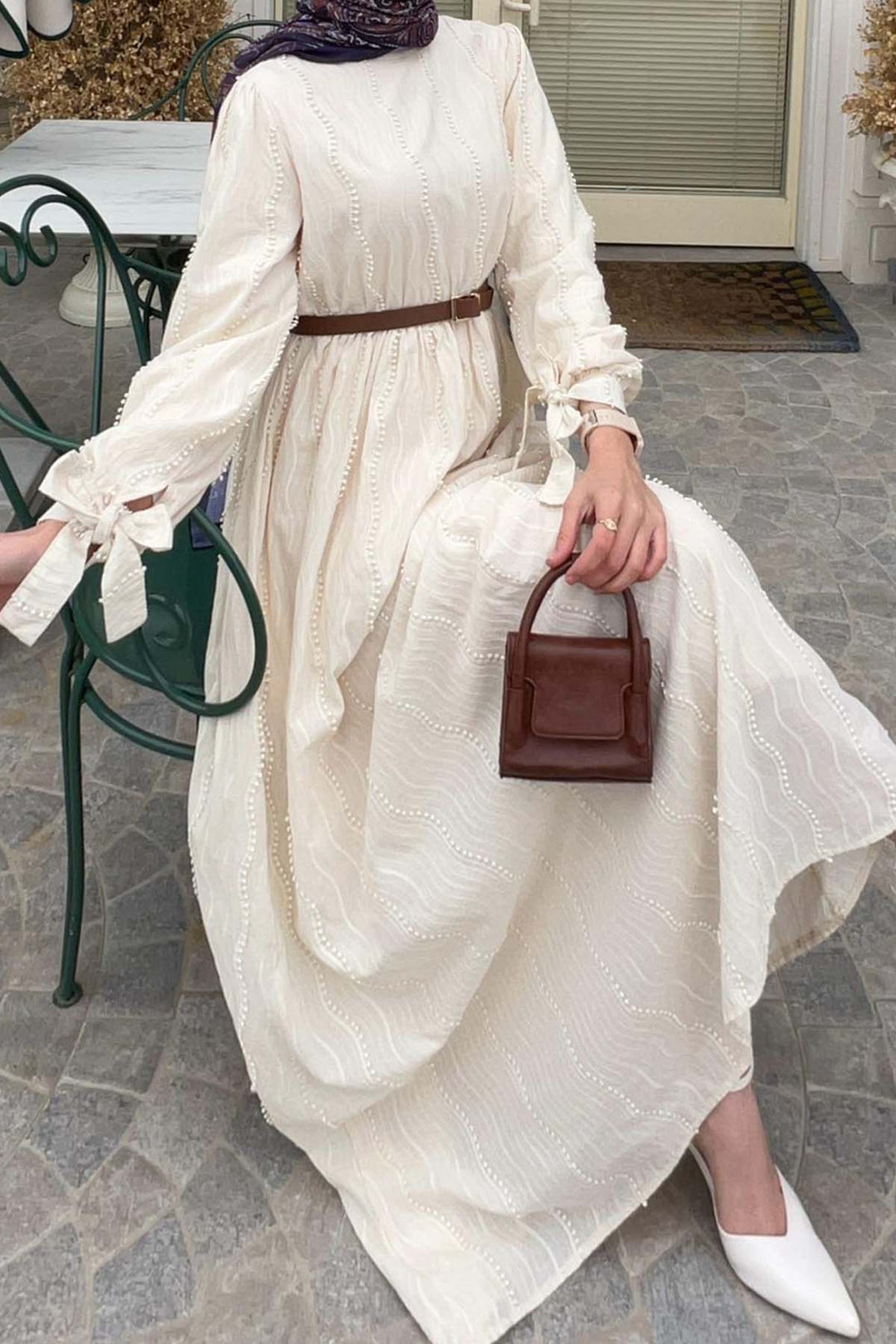 BNG Women Güpür Detaylı Tesettür Elbise Krem 1008 - La Vergne