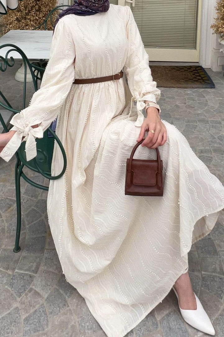 BNG Women Güpür Detaylı Tesettür Elbise Krem 1008 - La Vergne