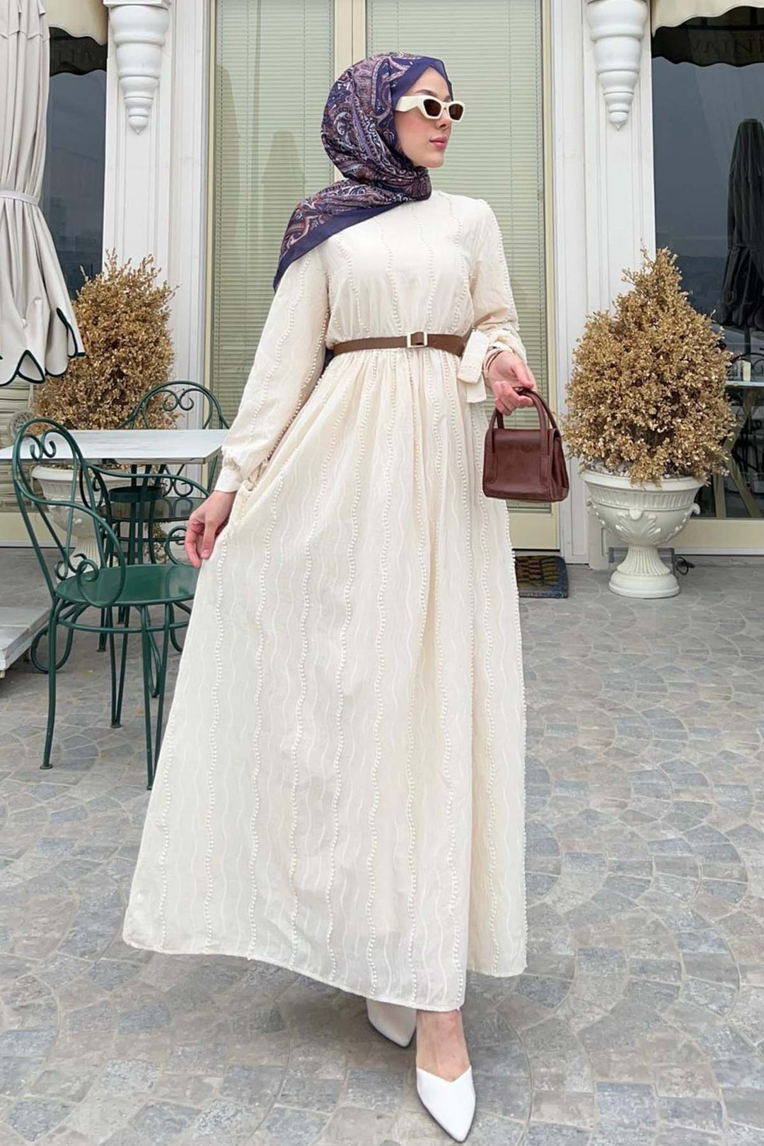 BNG Women Güpür Detaylı Tesettür Elbise Krem 1008 - La Vergne