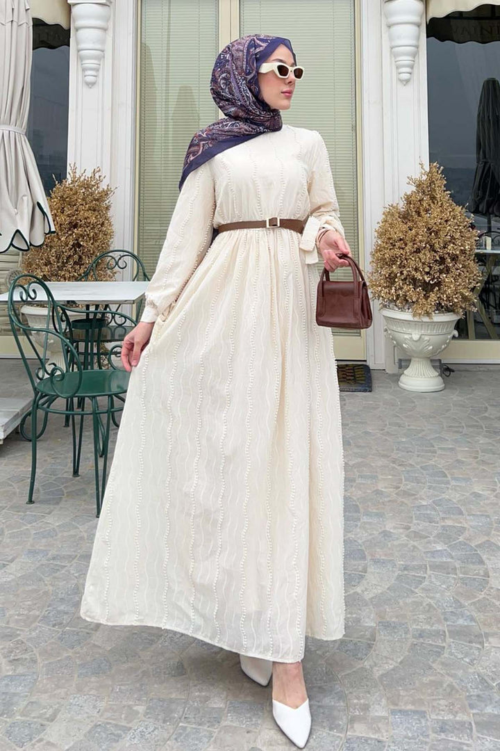 BNG Women Güpür Detaylı Tesettür Elbise Krem 1008 - La Vergne