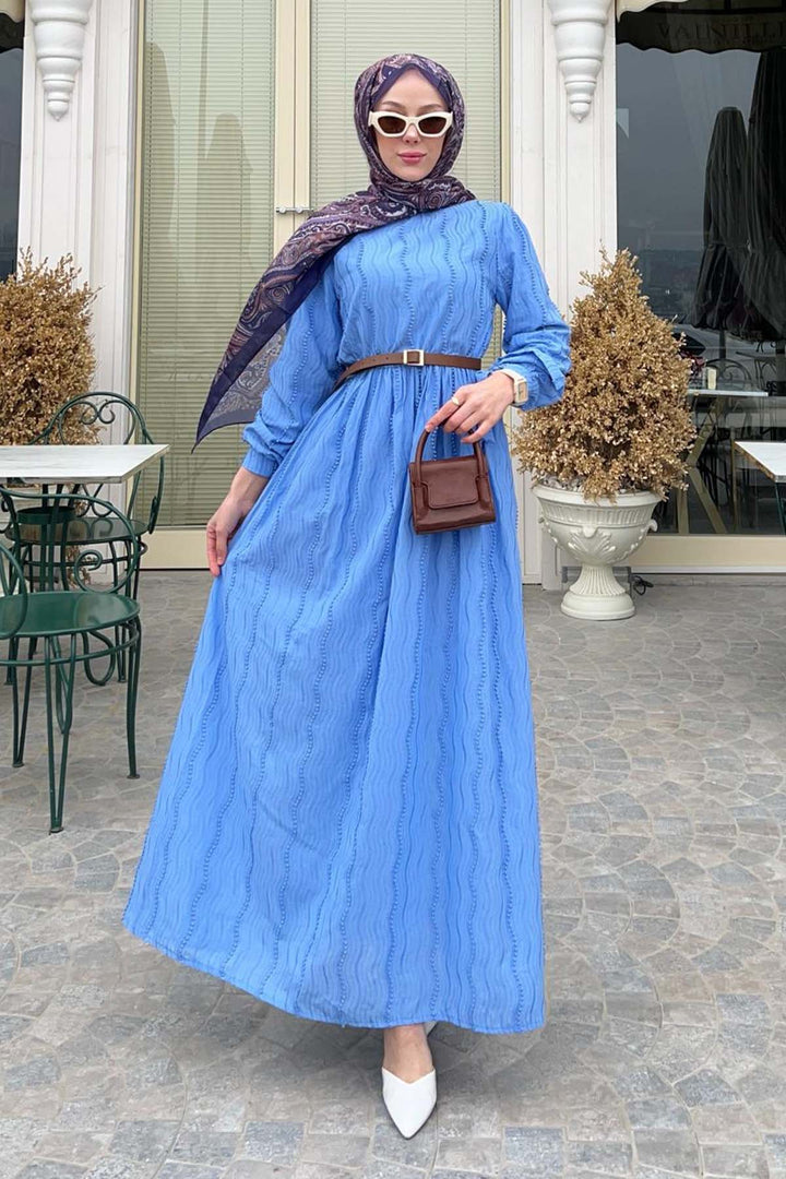 BNG Women Güpür Detaylı Tesettür Elbise Mavi 1008 - Streamwood