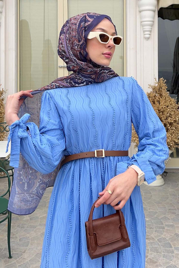 BNG Women Güpür Detaylı Tesettür Elbise Mavi 1008 - Streamwood