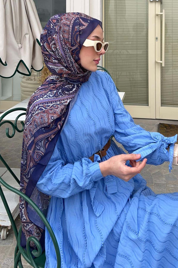 BNG Women Güpür Detaylı Tesettür Elbise Mavi 1008 - Streamwood