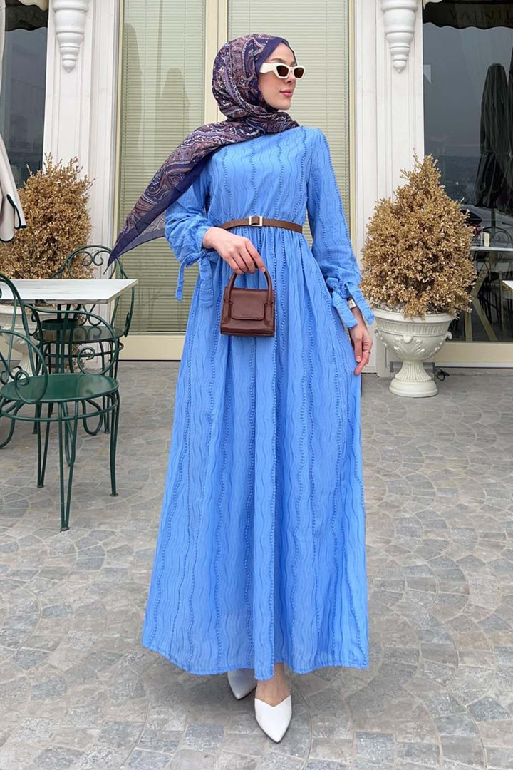 BNG Women Güpür Detaylı Tesettür Elbise Mavi 1008 - Streamwood