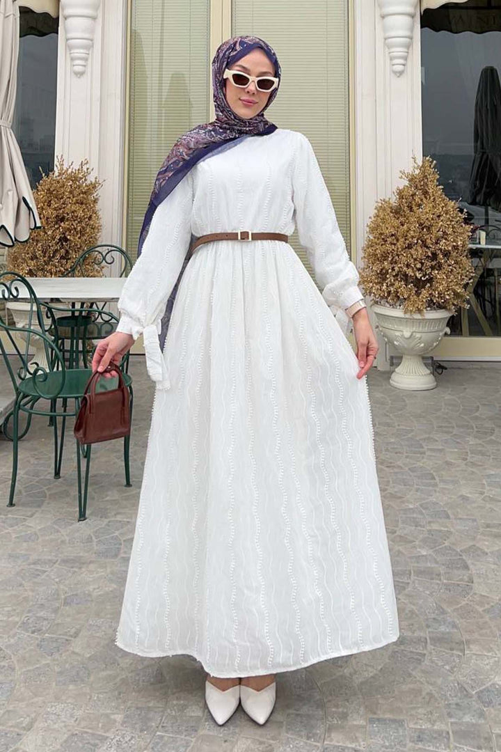 BNG Women Güpür Detaylı Tesettür Elbise Beyaz 1008 - Viladecáns