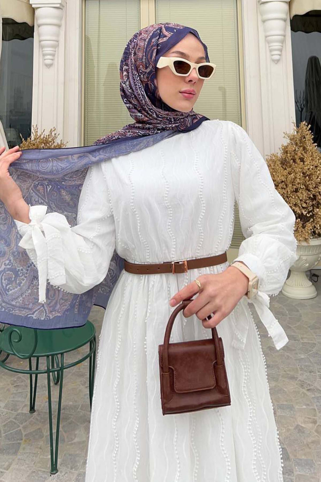 BNG Women Güpür Detaylı Tesettür Elbise Beyaz 1008 - Viladecáns