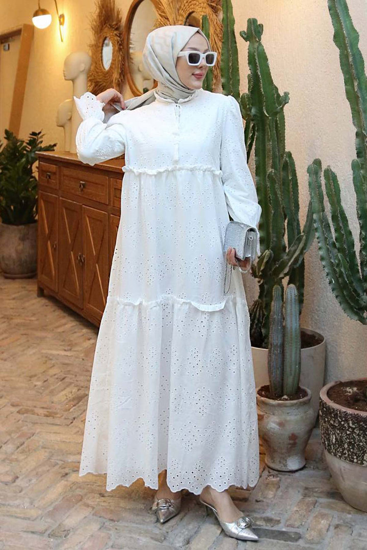 BNG Women Yakası Bağcıklı Brode Elbise Beyaz 1344 - Chioggia