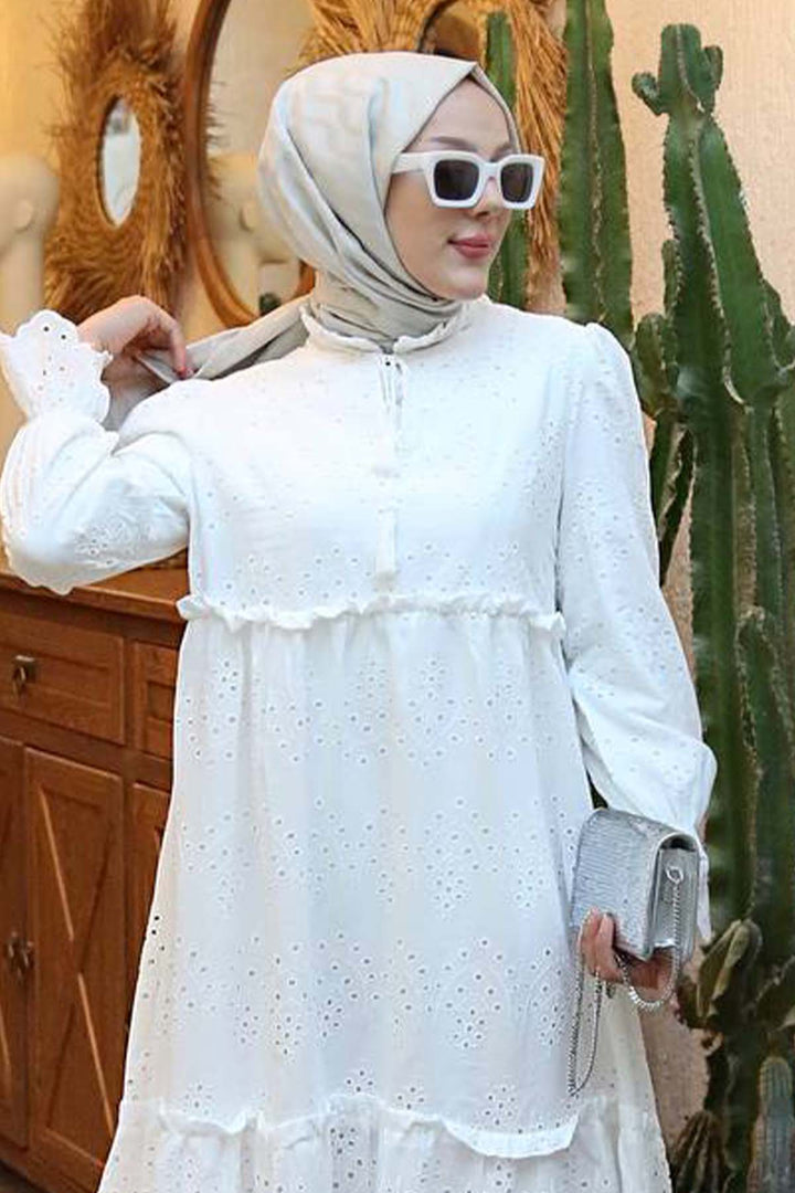 BNG Women Yakası Bağcıklı Brode Elbise Beyaz 1344 - Chioggia