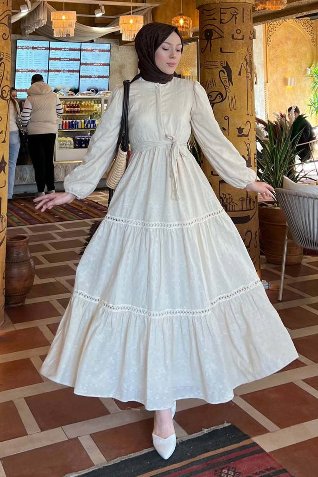 BNG Women Embossed Patterned Hijab Dress Cream 1002 - Bârlad