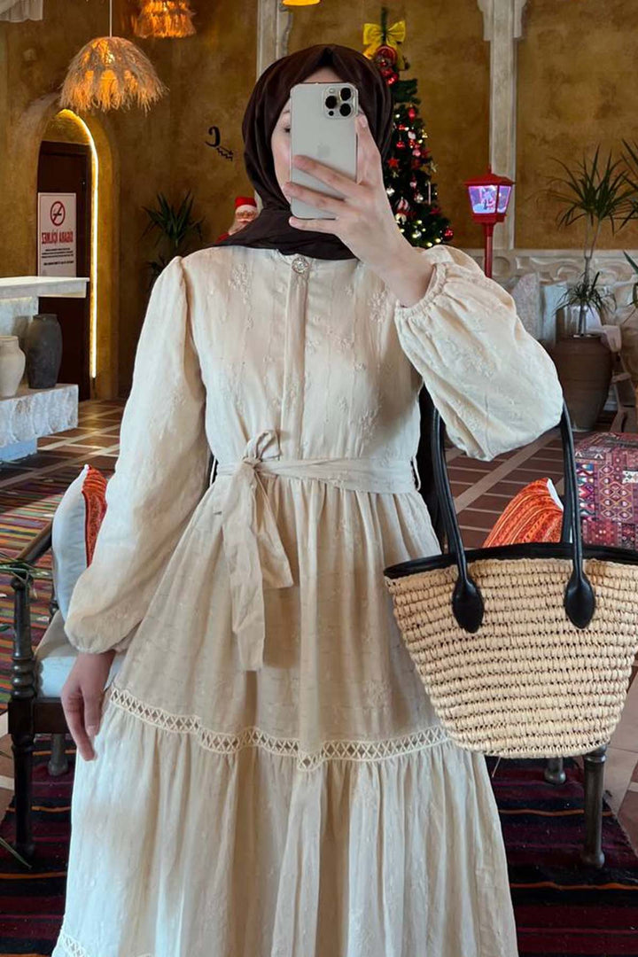 BNG Women Embossed Patterned Hijab Dress Cream 1002 - Bârlad