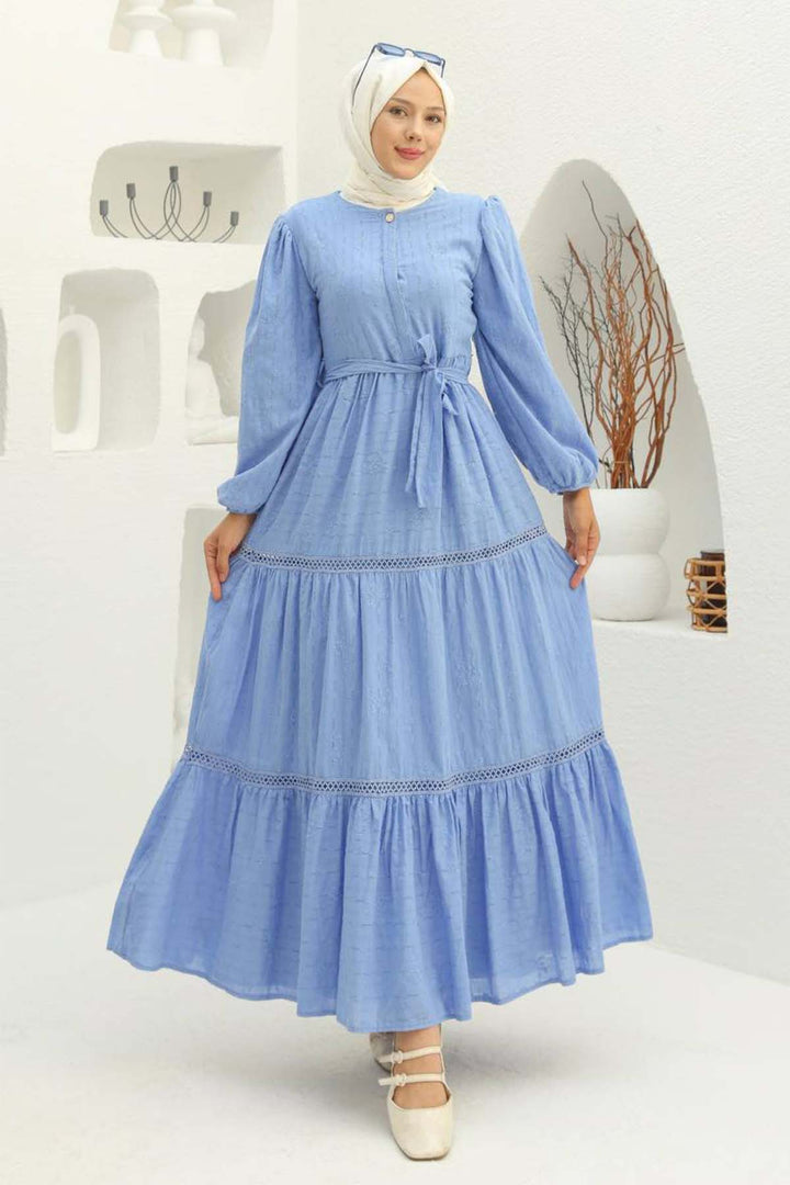 BNG Women Kabartma Desenli Tesettür Elbise Mavi 1002 - Hampton