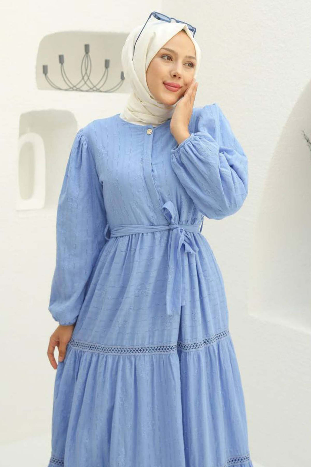 BNG Women Kabartma Desenli Tesettür Elbise Mavi 1002 - Hampton