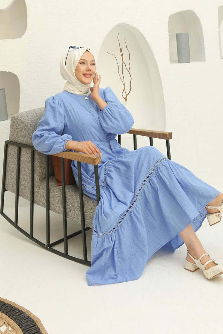 BNG Women Kabartma Desenli Tesettür Elbise Mavi 1002 - Hampton