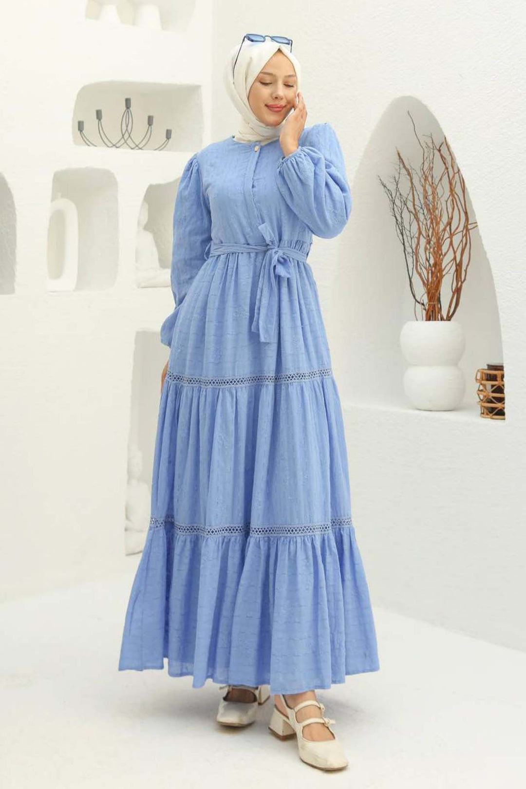 BNG Women Kabartma Desenli Tesettür Elbise Mavi 1002 - Hampton