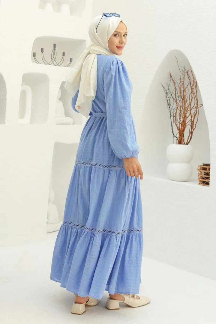 BNG Women Kabartma Desenli Tesettür Elbise Mavi 1002 - Hampton