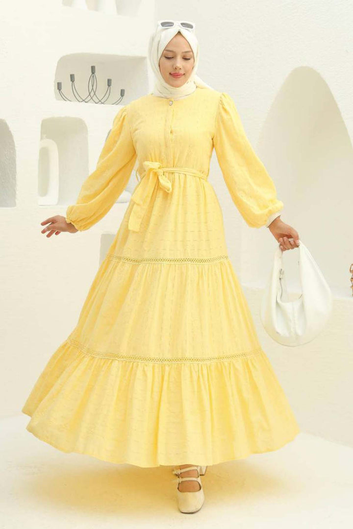 BNG Women Embossed Patterned Hijab Dress Yellow 1002 - Ternopil