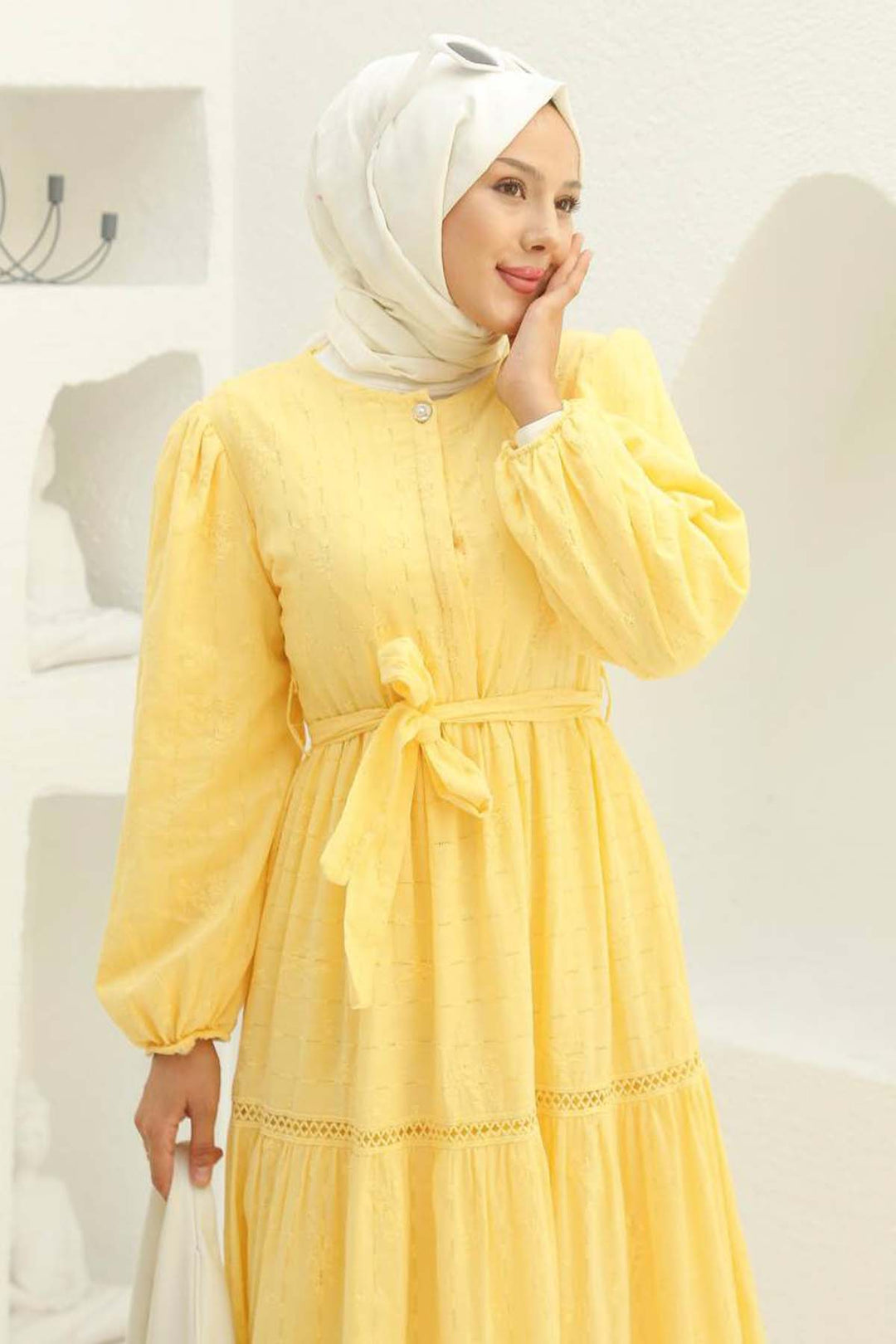 BNG Women Embossed Patterned Hijab Dress Yellow 1002 - Ternopil