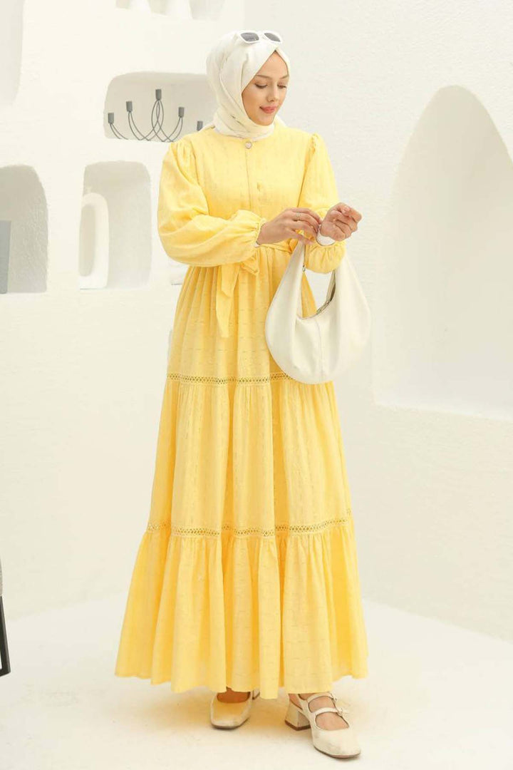 BNG Women Embossed Patterned Hijab Dress Yellow 1002 - Ternopil