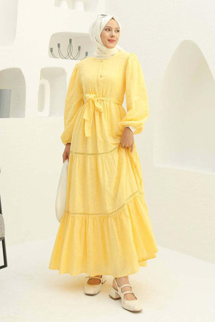 BNG Women Embossed Patterned Hijab Dress Yellow 1002 - Ternopil