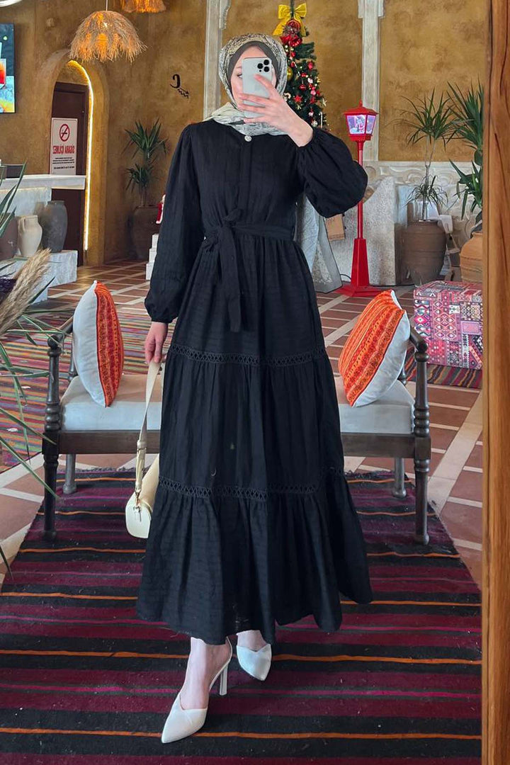 BNG Women Kabartma Desenli Tesettür Elbise Siyah 1002 - Villa del Carbón