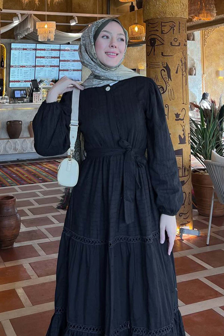 BNG Women Kabartma Desenli Tesettür Elbise Siyah 1002 - Villa del Carbón