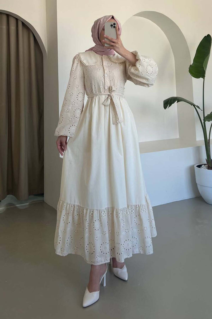 BNG Women Embroidered Detail Baby Collar Dress Cream 1003 - Jette