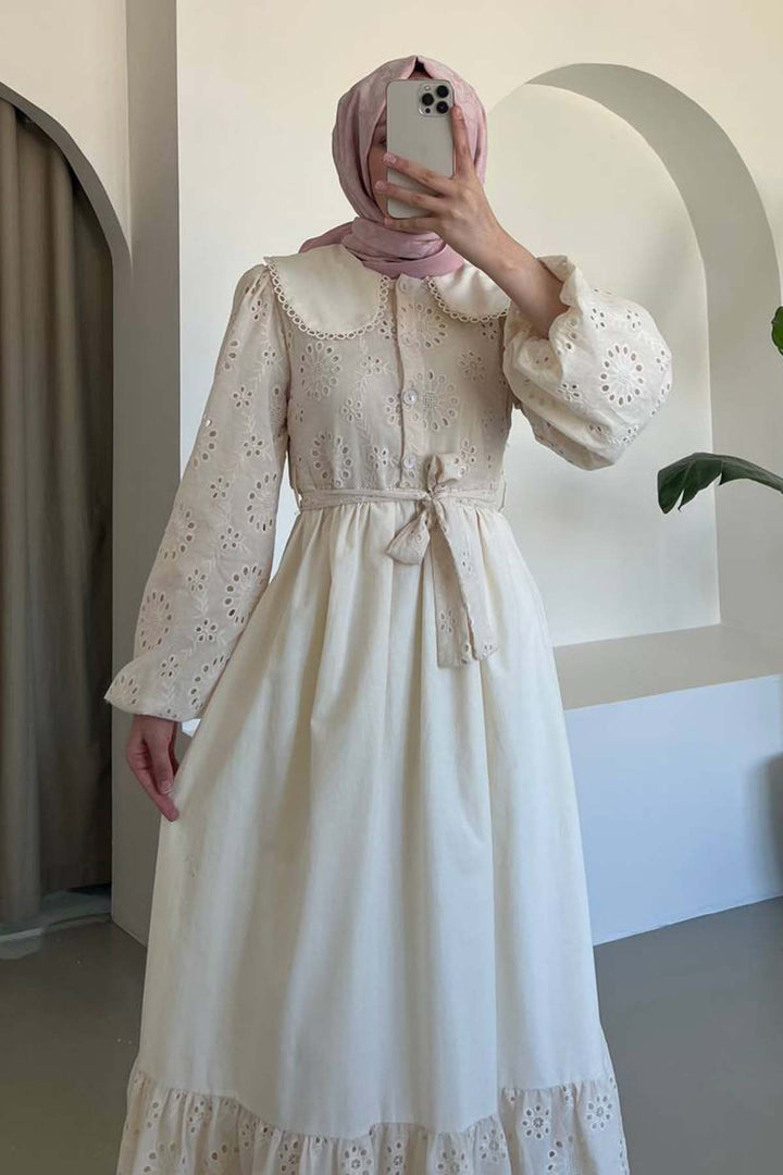 BNG Women Embroidered Detail Baby Collar Dress Cream 1003 - Jette