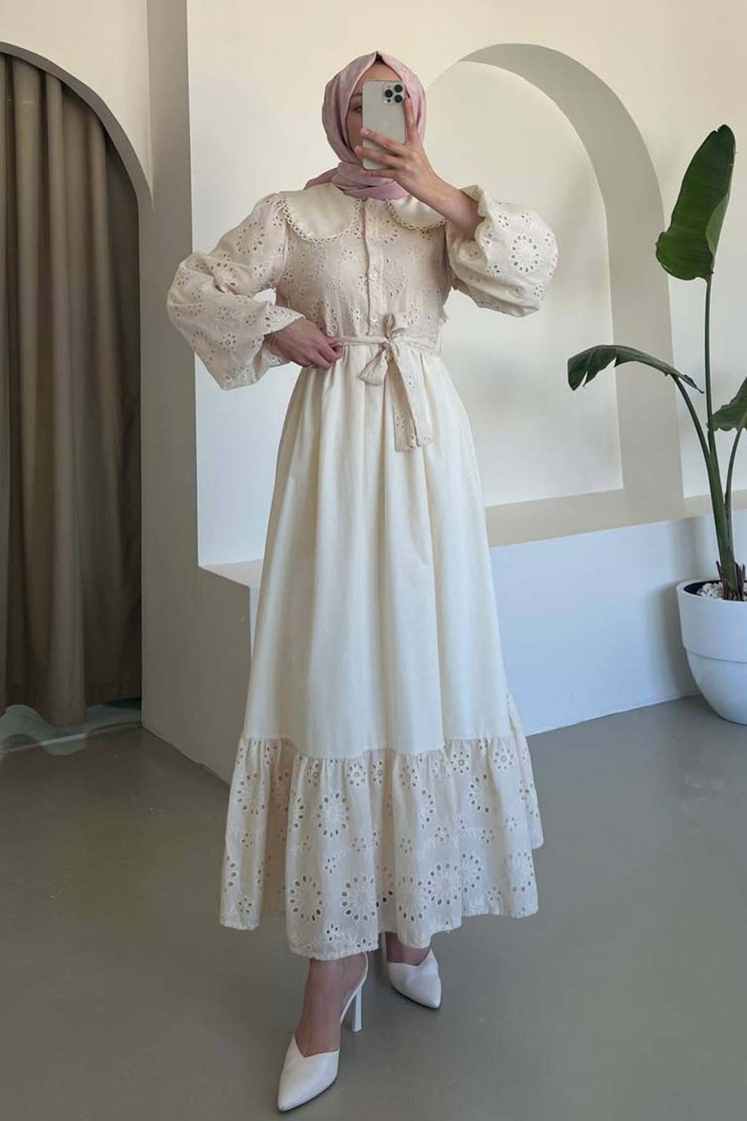 BNG Women Embroidered Detail Baby Collar Dress Cream 1003 - Jette