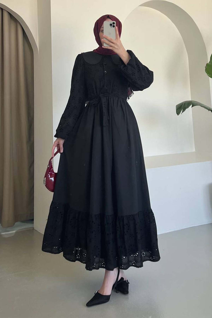 BNG Women Embroidered Detailed Baby Collar Dress Black 1003 - Etten-Leur