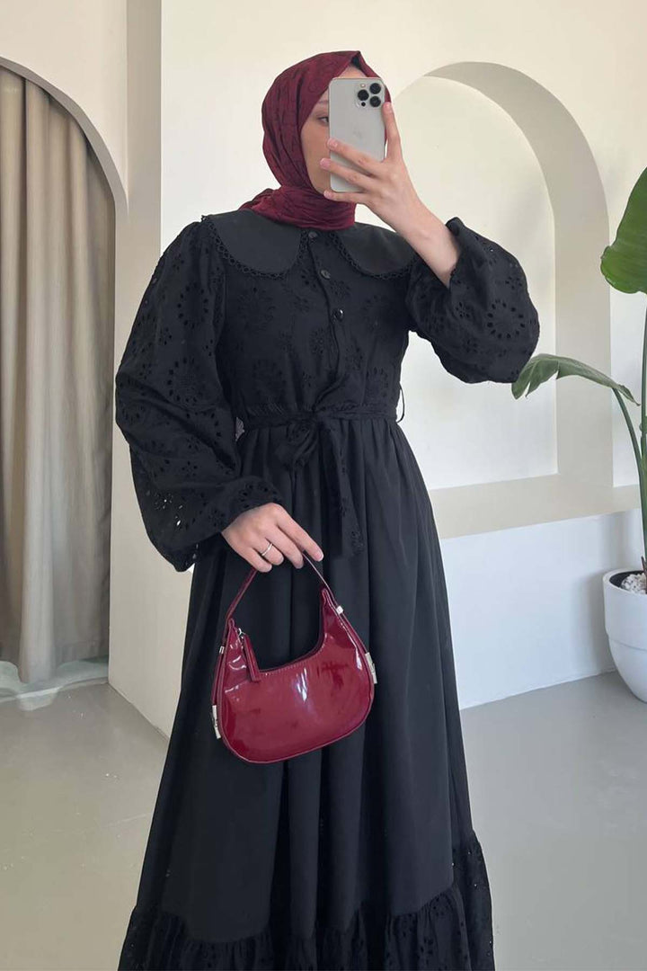 BNG Women Embroidered Detailed Baby Collar Dress Black 1003 - Etten-Leur