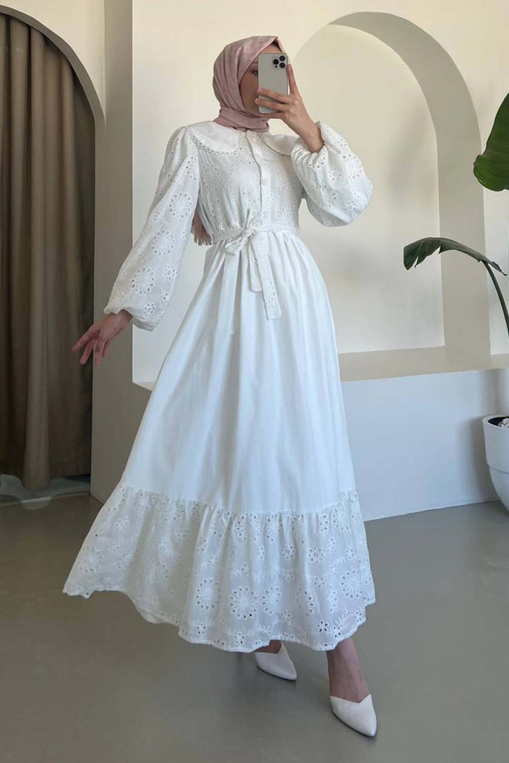 BNG Women Embroidered Detail Baby Collar Dress White 1003 - Lawrence