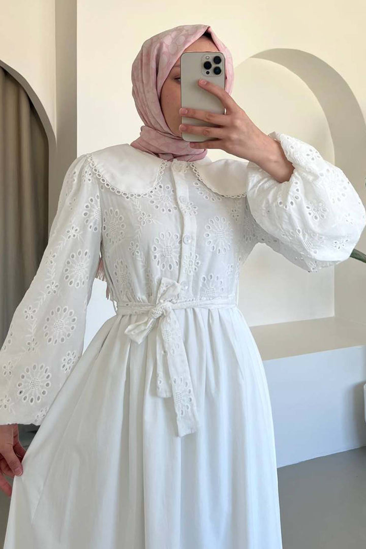 BNG Women Embroidered Detail Baby Collar Dress White 1003 - Lawrence