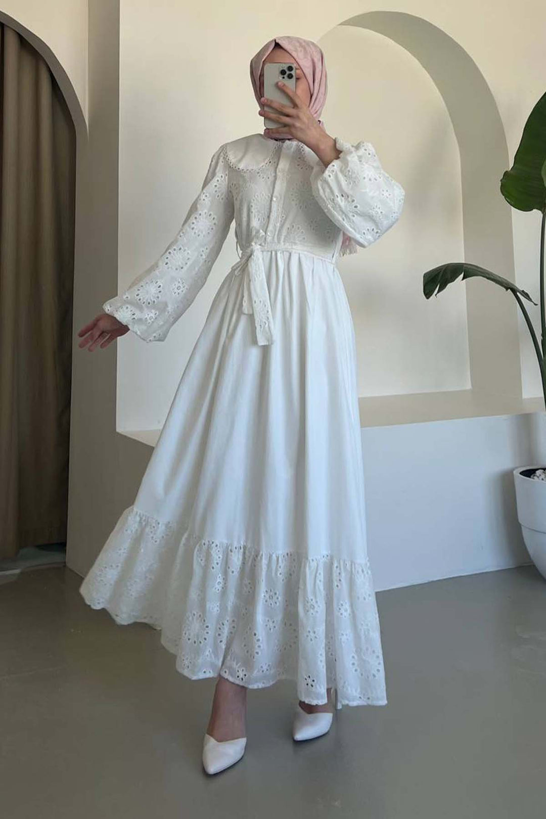 BNG Women Embroidered Detail Baby Collar Dress White 1003 - Lawrence