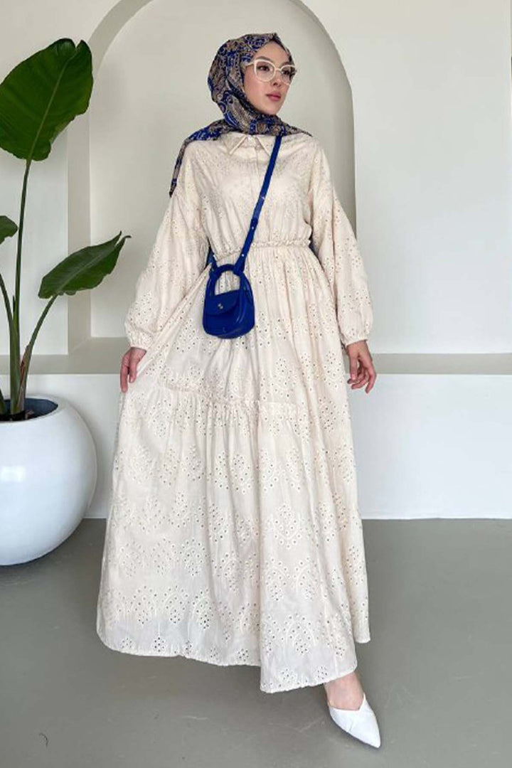 BNG Women Embroidered Hijab Dress Cream 1009 - Adeje