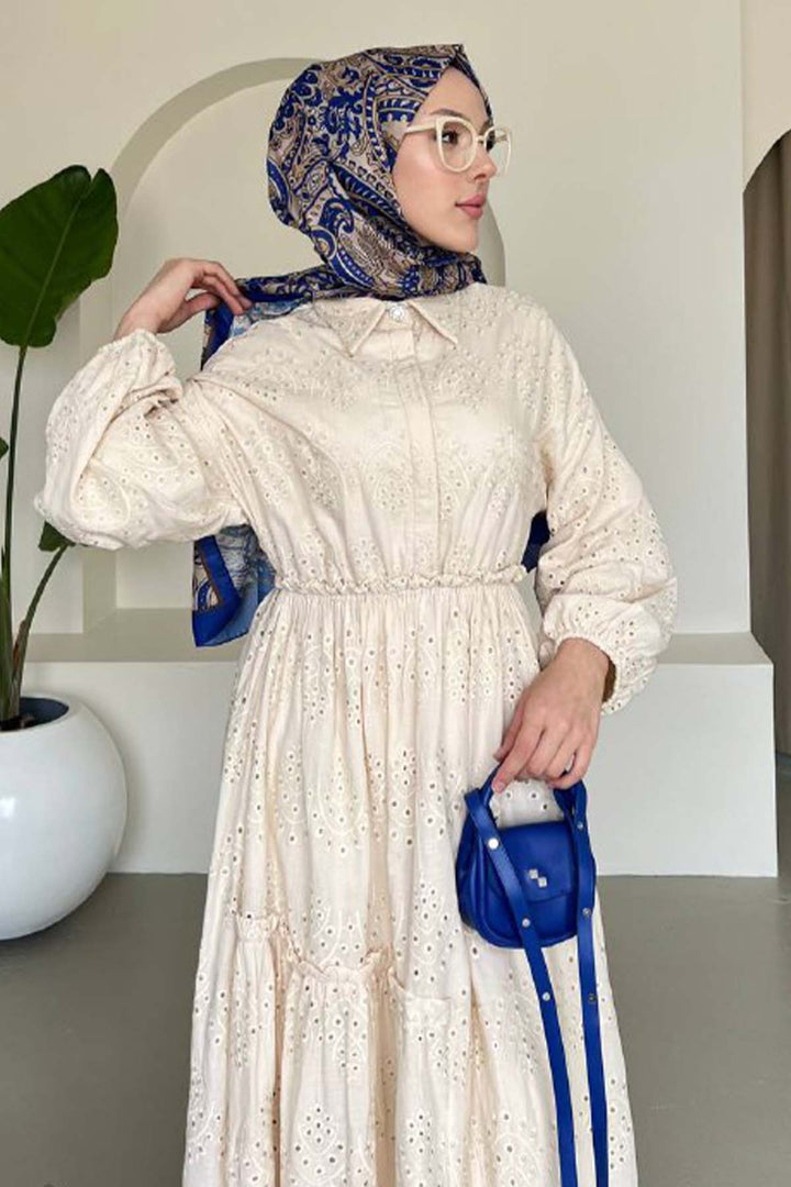BNG Women Embroidered Hijab Dress Cream 1009 - Adeje