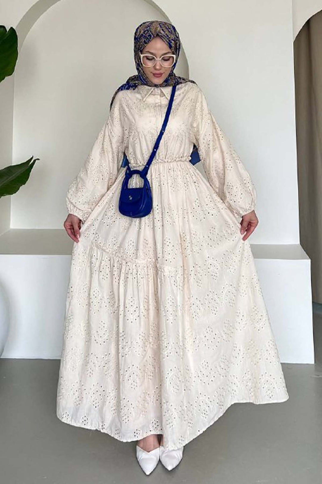 BNG Women Embroidered Hijab Dress Cream 1009 - Adeje