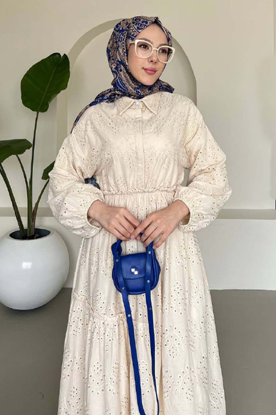 BNG Women Embroidered Hijab Dress Cream 1009 - Adeje