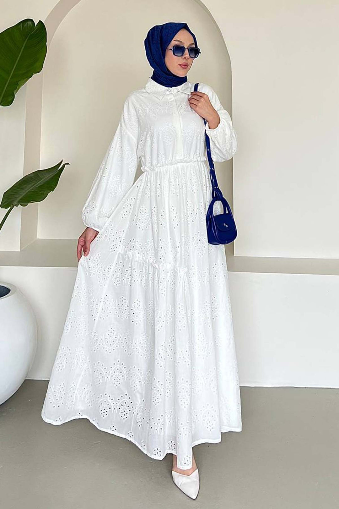 BNG Women Embroidered Hijab Dress White 1009 - Boryslav