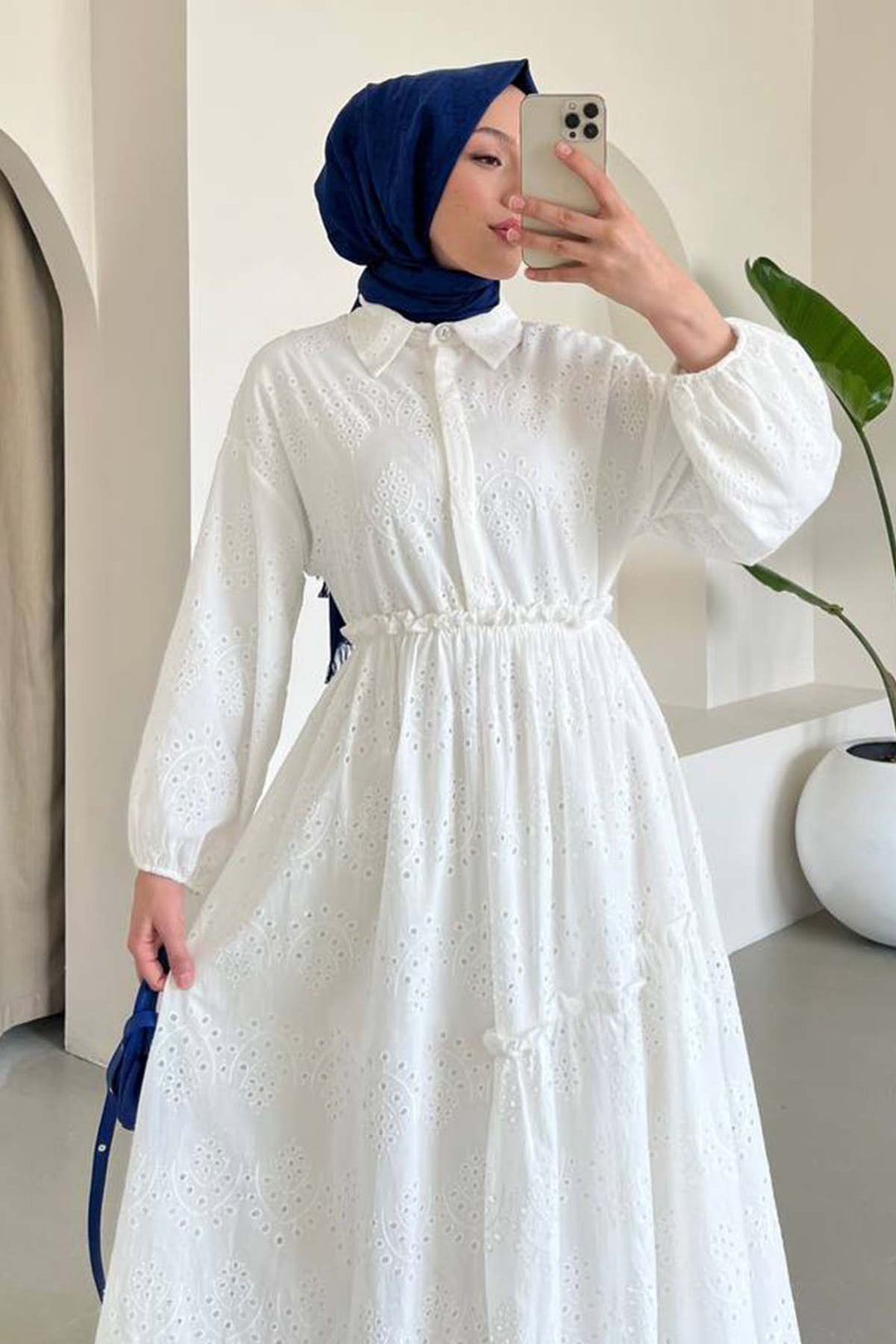 BNG Women Embroidered Hijab Dress White 1009 - Boryslav