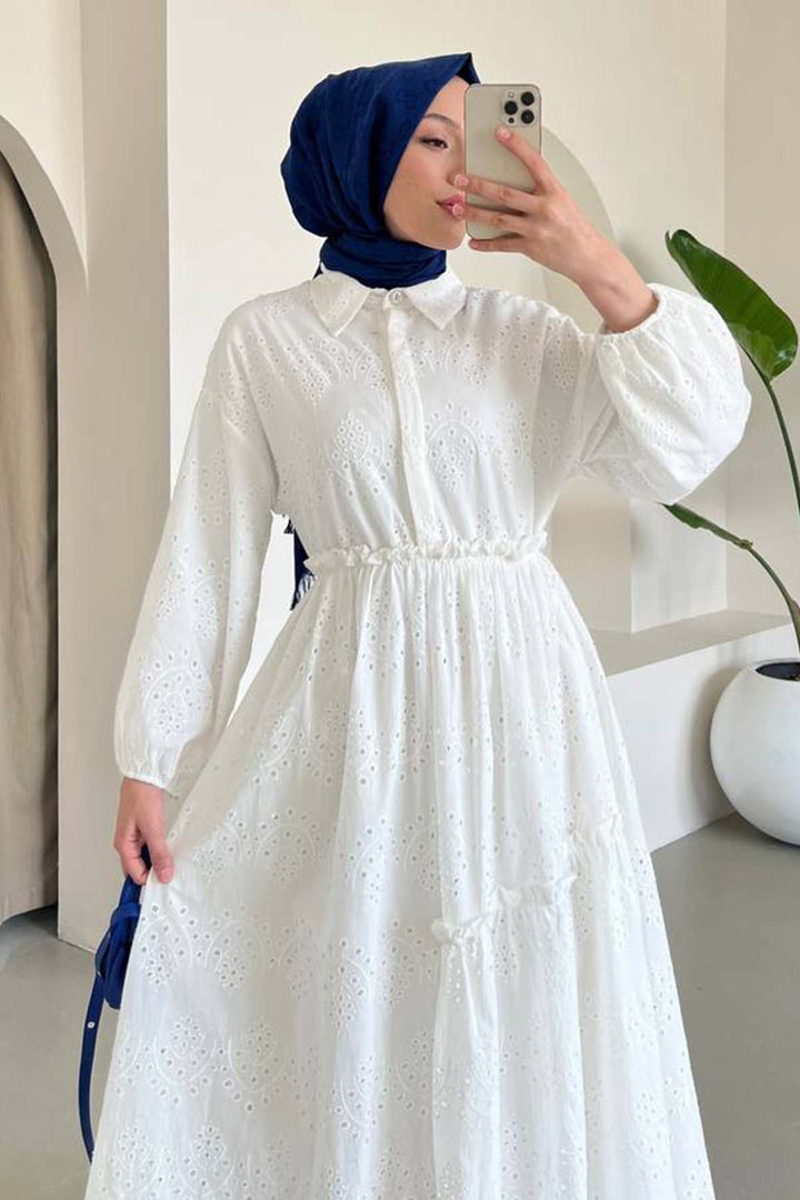 BNG Women Embroidered Hijab Dress White 1009 - Boryslav