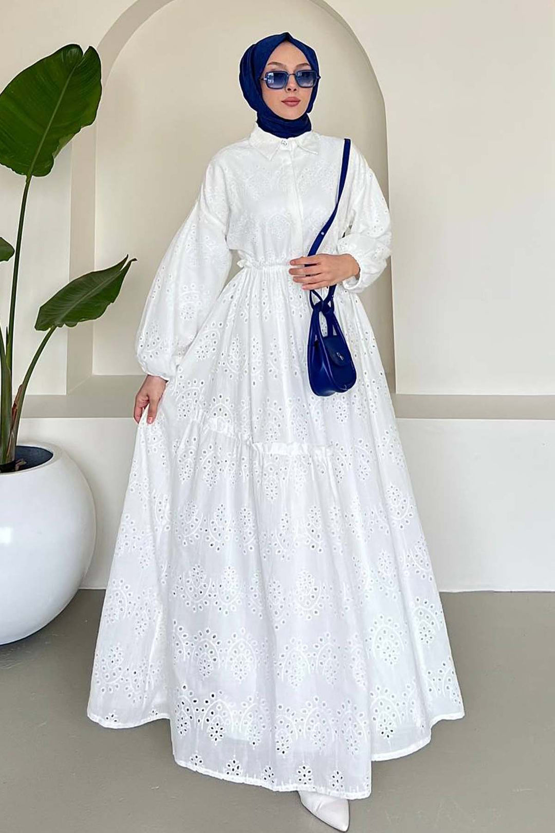 BNG Women Embroidered Hijab Dress White 1009 - Boryslav