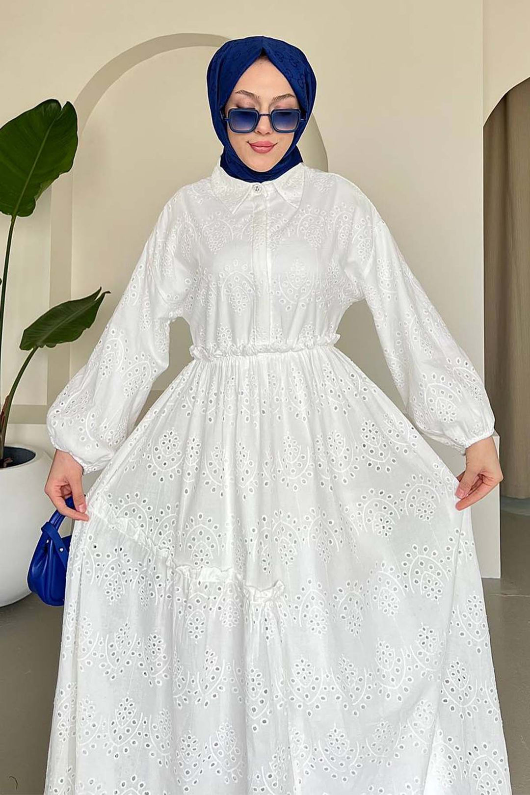 BNG Women Embroidered Hijab Dress White 1009 - Boryslav