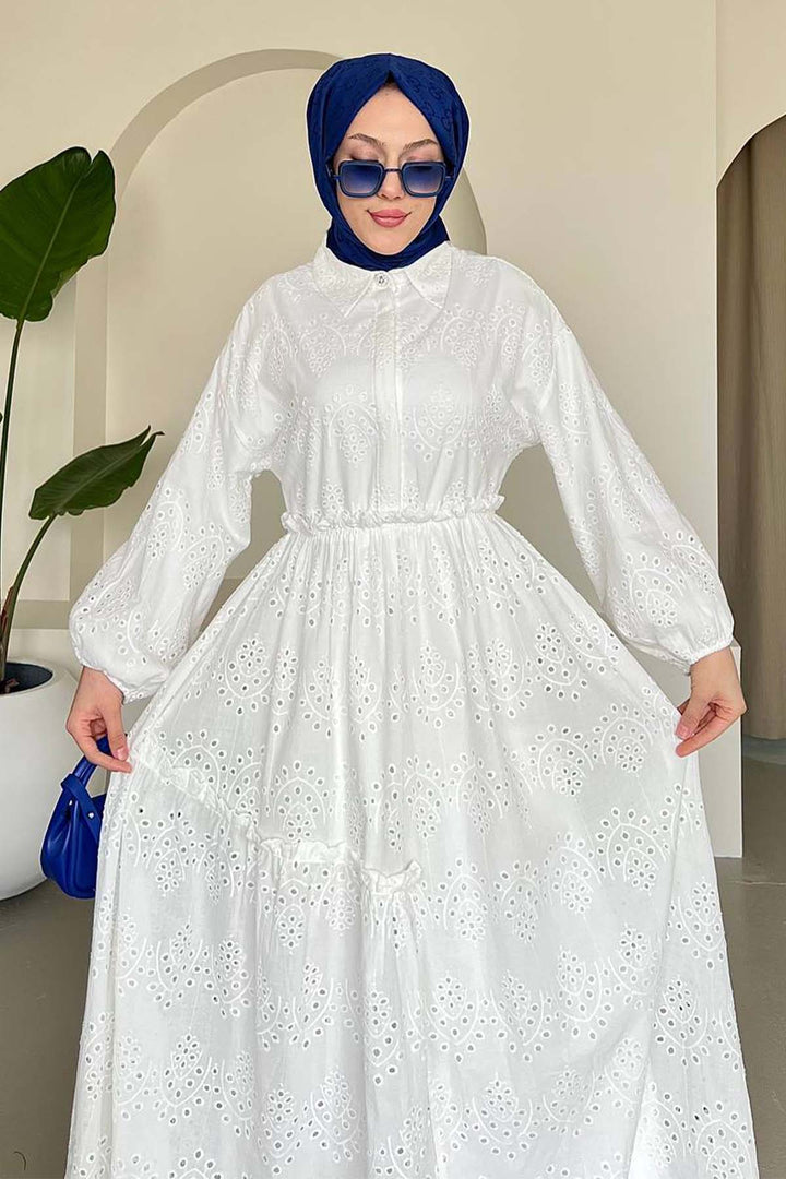 BNG Women Embroidered Hijab Dress White 1009 - Boryslav