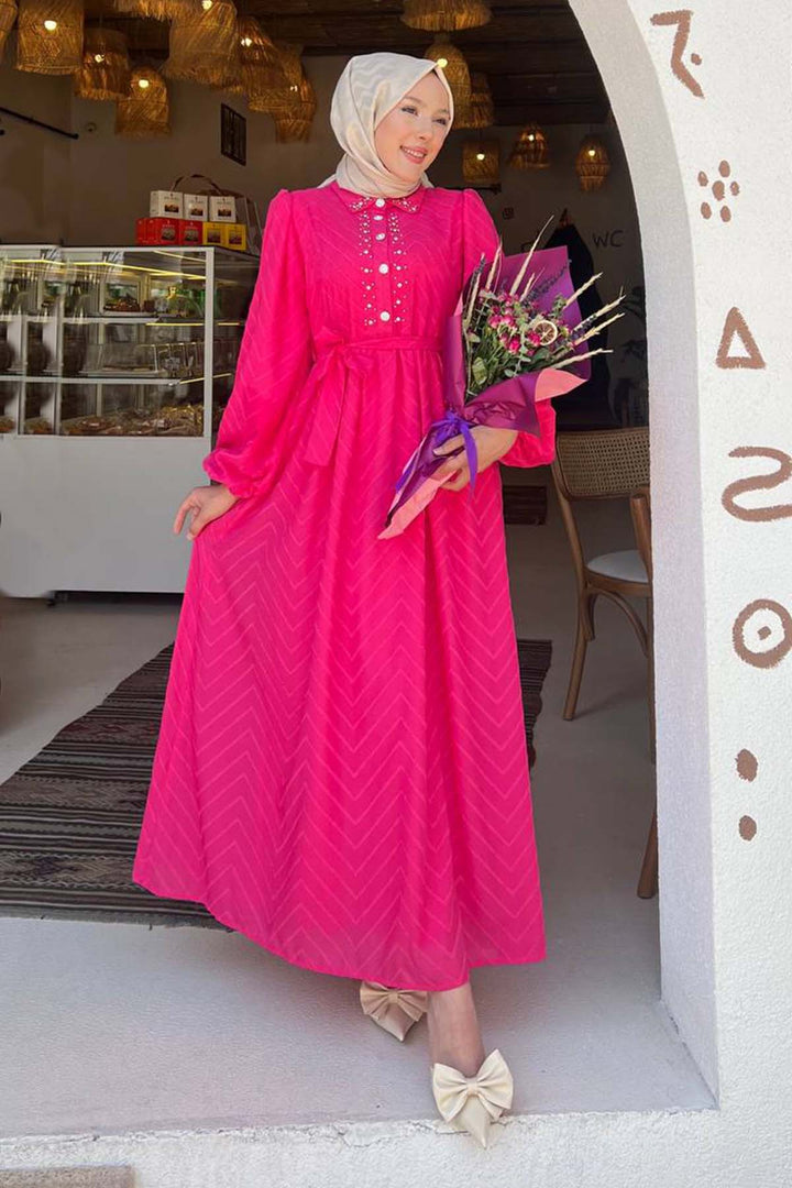 BNG Women Stone Detailed Hijab Dress Fuchsia 1412 - Hanford
